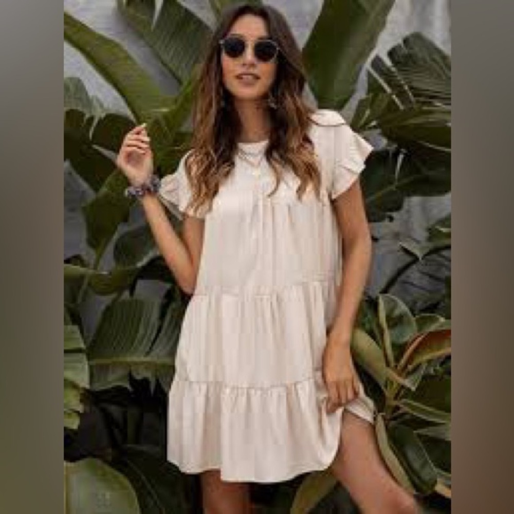 SHEIN Beige Tiered Ruffle Sleeve Mini Smock Dress - Size Small - Picture 2 of 11
